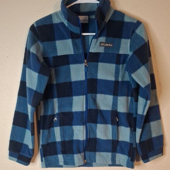 Columbia Navy and Light Blue Checkered Fleece Jacket size medium - Picture 1 of 6